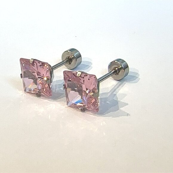 Fashion Jewelry Jewelry - 🆕 Stainless Steel 6MM Princess Cut CZ Pink Screw Back Earrings